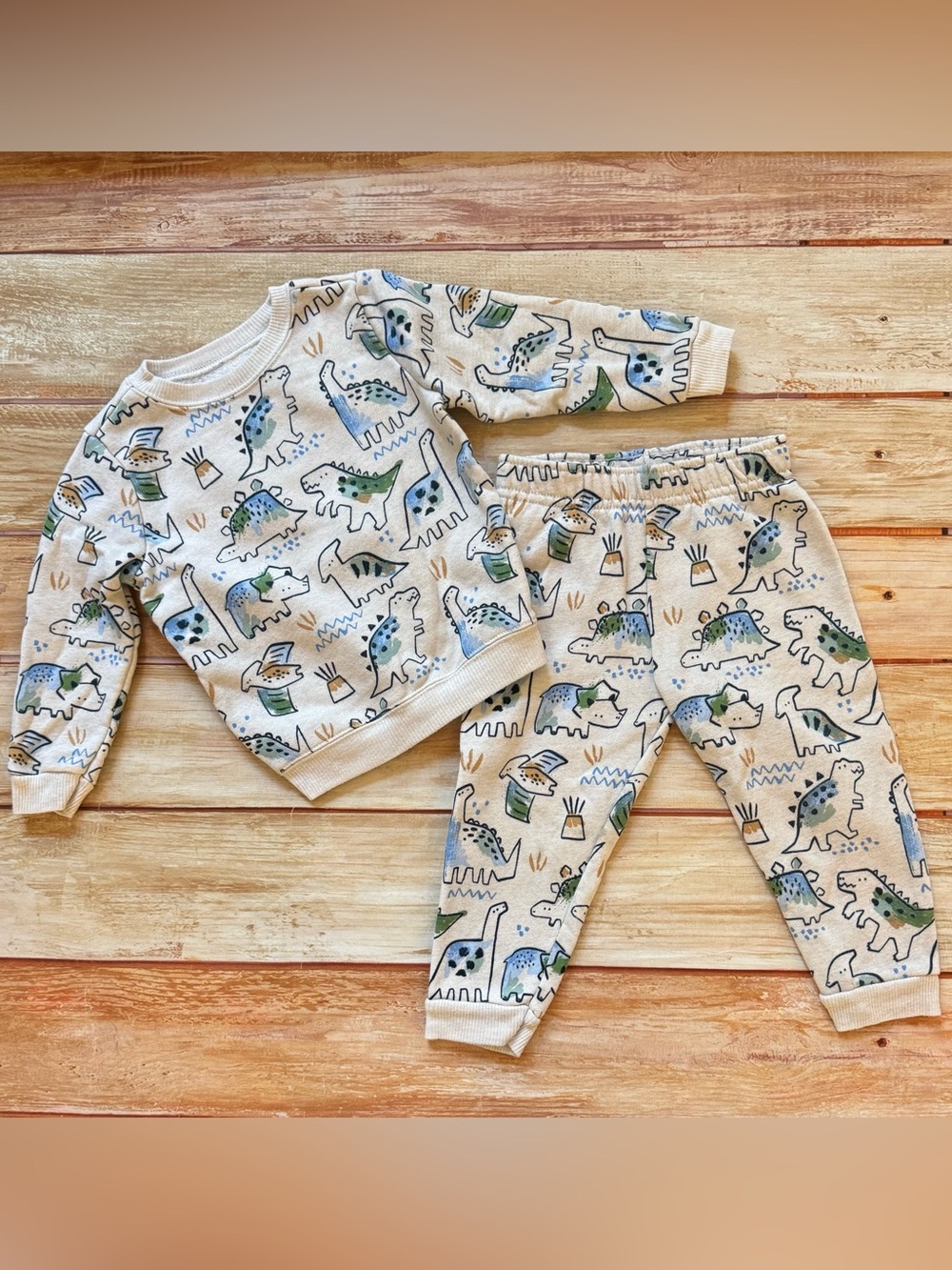 GARANIMALS 2-Piece Oatmeal Beige Dinosaur Toddler Sweatshirt & Pants Set Sz 18M